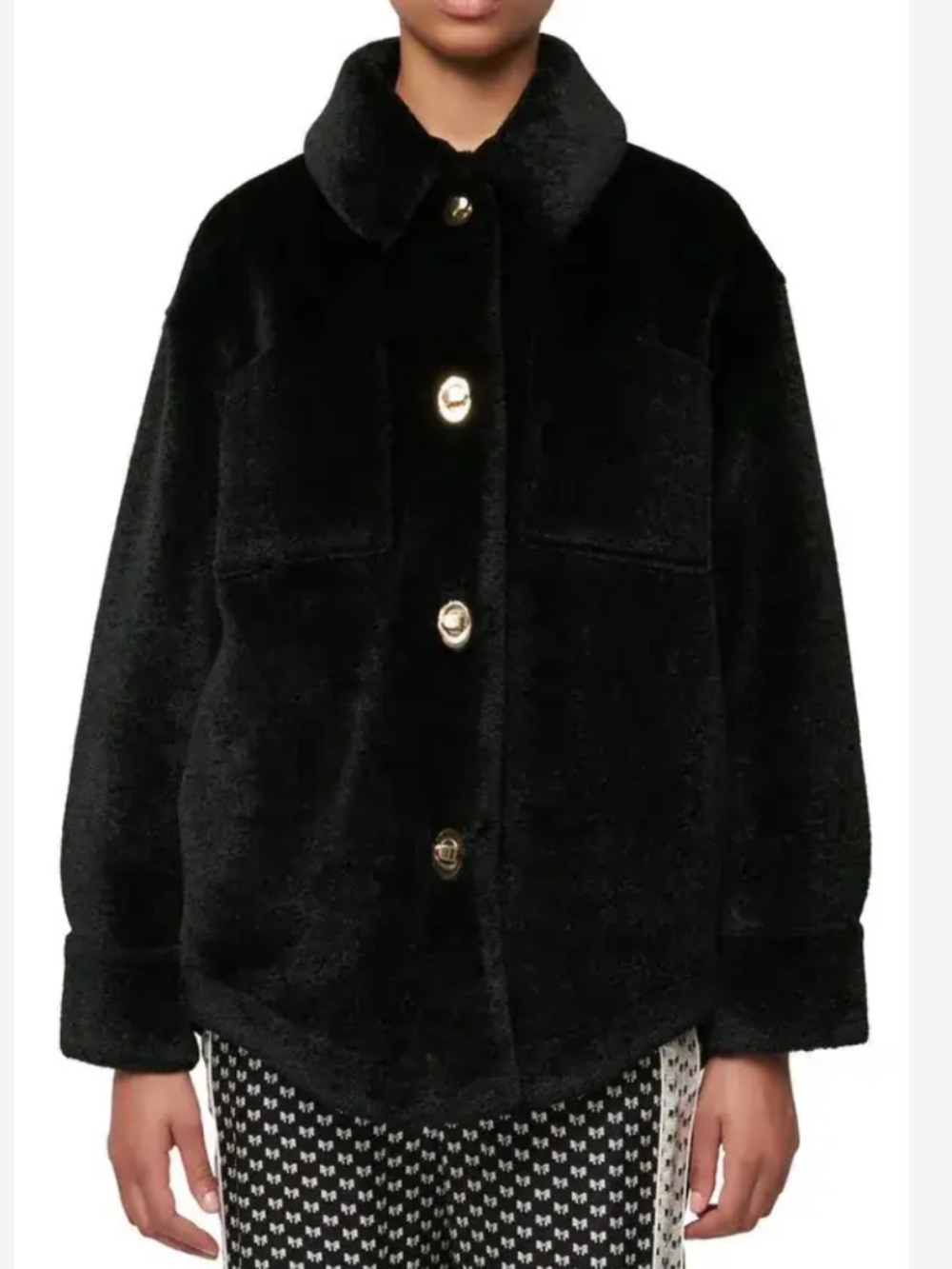 MAJE Gold-Button Faux-Fur Jacket in Black Size 40 / Large